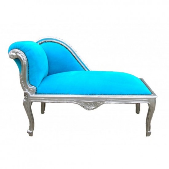 Méridienne de style Louis XV tissu en velours bleu turquoise et bois argent Méridienne de style Louis XV tissu en velours bleu turquoise et bois argent