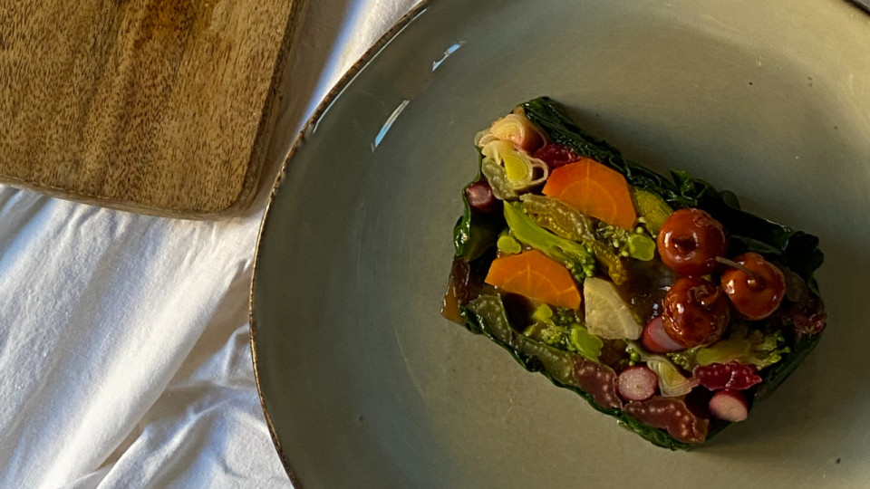 La recette de Davia : Terrine de légumes, gelée de dashi et champignons